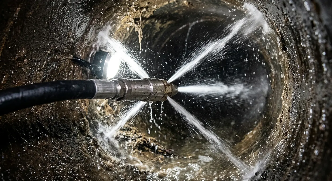 High-pressure hydro jetting nozzle cleaning sewer pipe for Sewer Cleanout in Napa