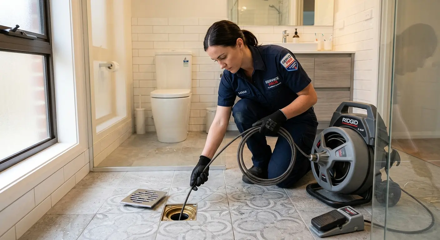Technician clearing a bathroom floor drain for Sewer Line Replacement in Napa